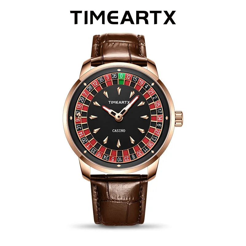 TIMEARTX Men's Roulette Dial Casino Watch Playful Timepiece Quartz Watch Luminous Rotating Gaming Style Waterproof Leather Strap