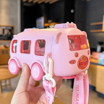 500Ml Cute Bear Portable Water Bottle with Shoulder Strap, Straw, And Bus-Shaped Drinking Cup