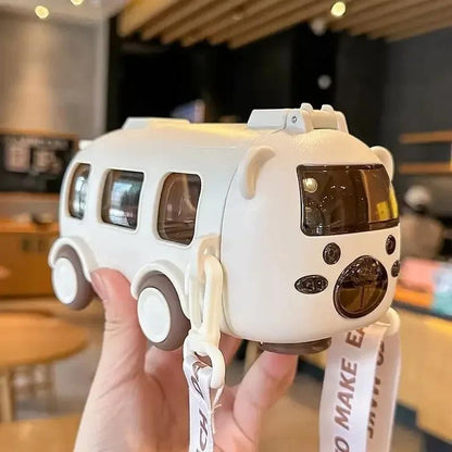 500Ml Cute Bear Portable Water Bottle with Shoulder Strap, Straw, And Bus-Shaped Drinking Cup