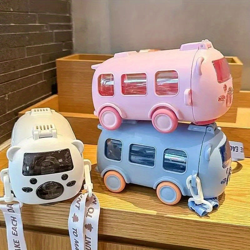 500Ml Cute Bear Portable Water Bottle with Shoulder Strap, Straw, And Bus-Shaped Drinking Cup