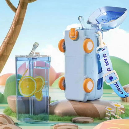 500Ml Cute Bear Portable Water Bottle with Shoulder Strap, Straw, And Bus-Shaped Drinking Cup