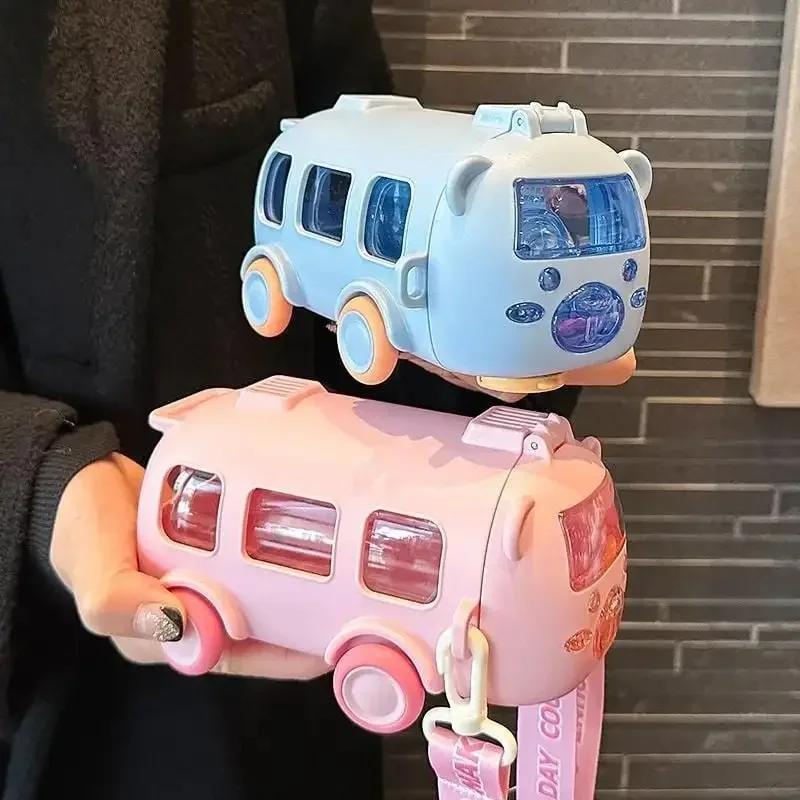500Ml Cute Bear Portable Water Bottle with Shoulder Strap, Straw, And Bus-Shaped Drinking Cup