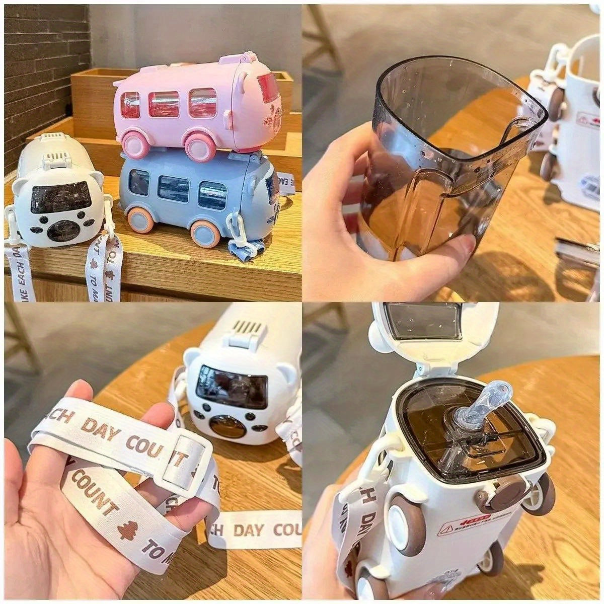 500Ml Cute Bear Portable Water Bottle with Shoulder Strap, Straw, And Bus-Shaped Drinking Cup