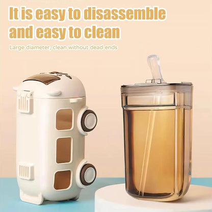 500Ml Cute Bear Portable Water Bottle with Shoulder Strap, Straw, And Bus-Shaped Drinking Cup