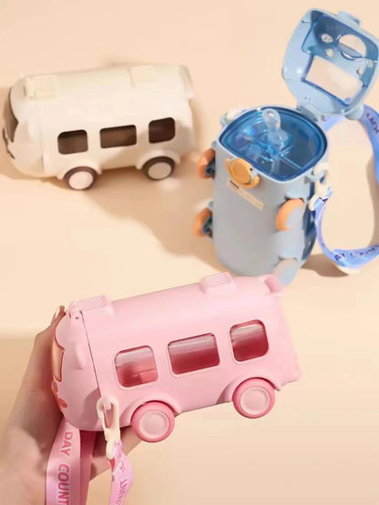 500Ml Cute Bear Portable Water Bottle with Shoulder Strap, Straw, And Bus-Shaped Drinking Cup