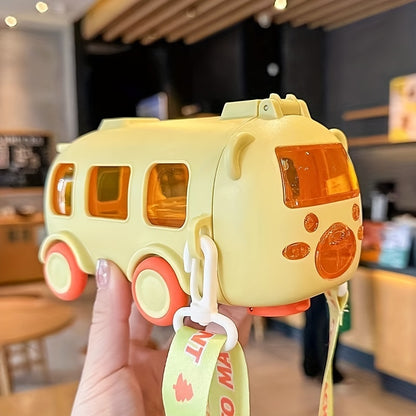 500Ml Cute Bear Portable Water Bottle with Shoulder Strap, Straw, And Bus-Shaped Drinking Cup