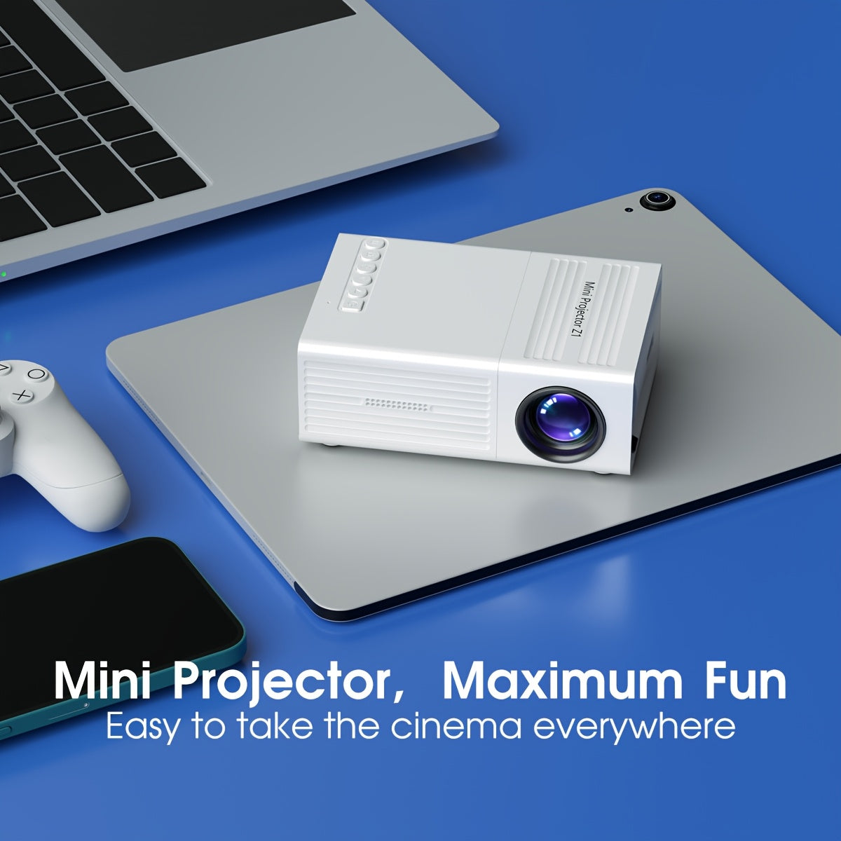 Compact Projector That Supports 1080P, Features USB Connectivity, And Comes with a Remote Control. It Is Compatible with Smartphones, Tablets, Laptops, TV Sticks, And USB Drives. It Includes a Desktop Mount, LCD Display, Powe