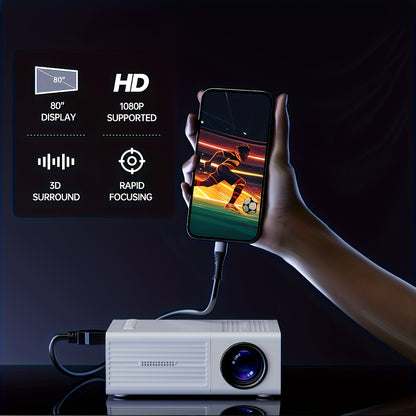 Compact Projector That Supports 1080P, Features USB Connectivity, And Comes with a Remote Control. It Is Compatible with Smartphones, Tablets, Laptops, TV Sticks, And USB Drives. It Includes a Desktop Mount, LCD Display, Powe