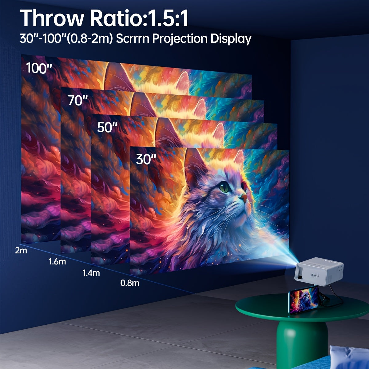 Compact Projector That Supports 1080P, Features USB Connectivity, And Comes with a Remote Control. It Is Compatible with Smartphones, Tablets, Laptops, TV Sticks, And USB Drives. It Includes a Desktop Mount, LCD Display, Powe