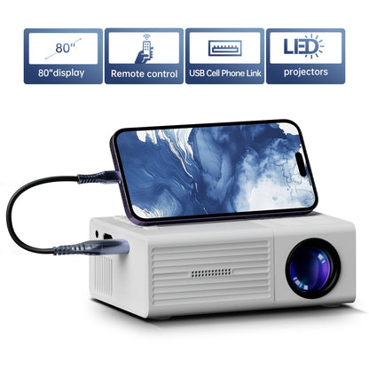 Compact Projector That Supports 1080P, Features USB Connectivity, And Comes with a Remote Control. It Is Compatible with Smartphones, Tablets, Laptops, TV Sticks, And USB Drives. It Includes a Desktop Mount, LCD Display, Powe