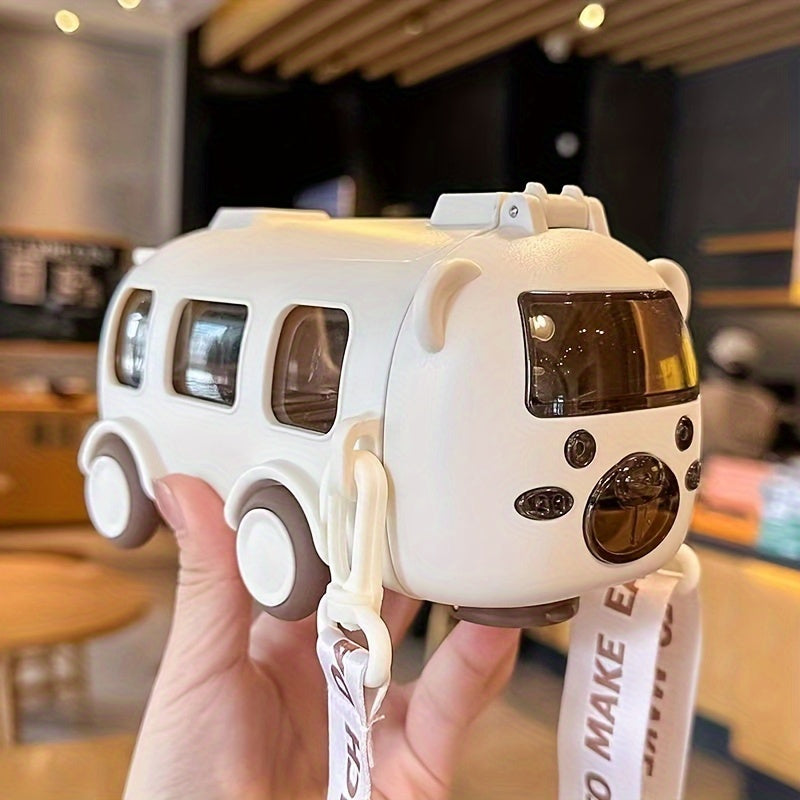 500Ml Cute Bear Portable Water Bottle with Shoulder Strap, Straw, And Bus-Shaped Drinking Cup