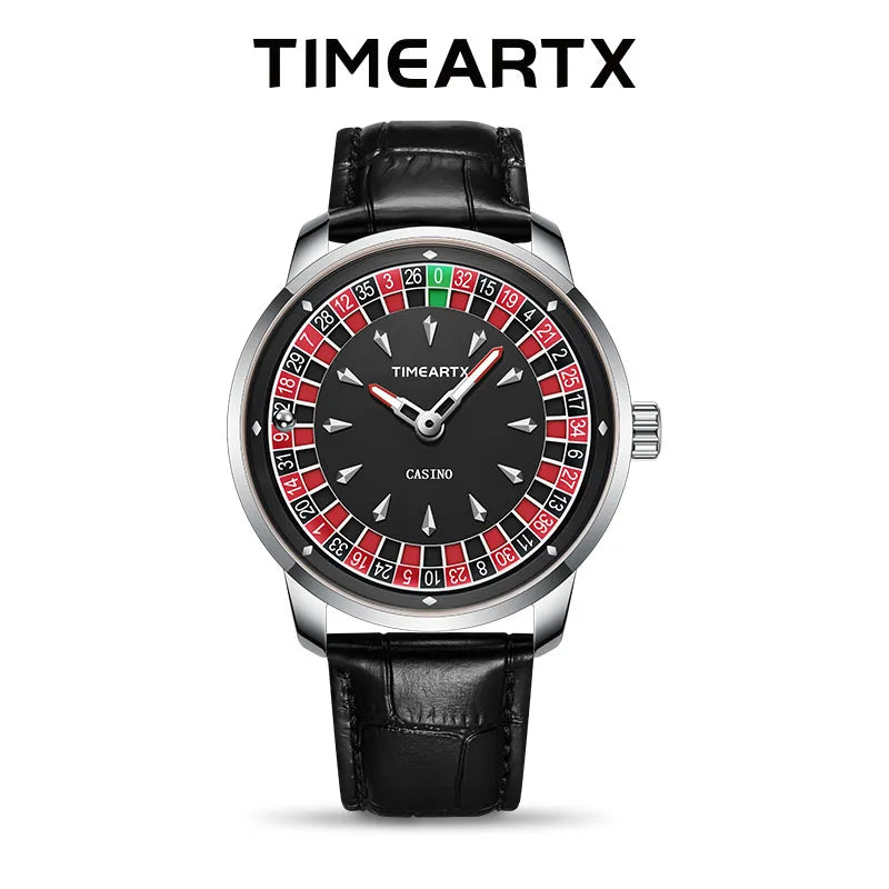 TIMEARTX Men's Roulette Dial Casino Watch Playful Timepiece Quartz Watch Luminous Rotating Gaming Style Waterproof Leather Strap
