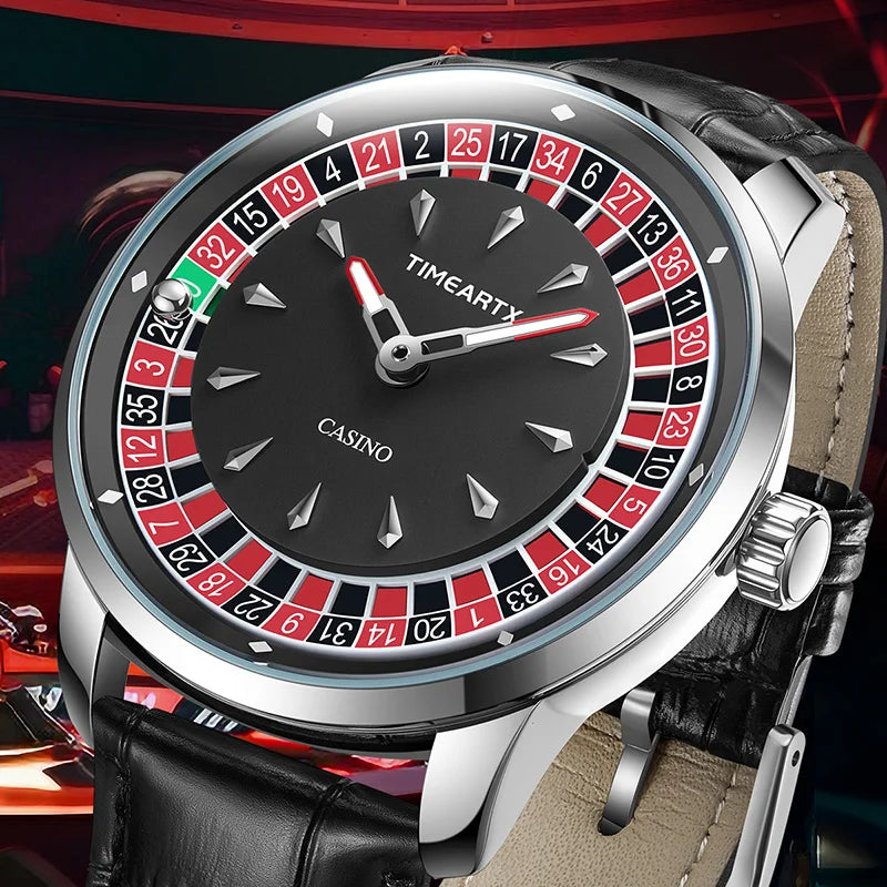 TIMEARTX Men's Roulette Dial Casino Watch Playful Timepiece Quartz Watch Luminous Rotating Gaming Style Waterproof Leather Strap