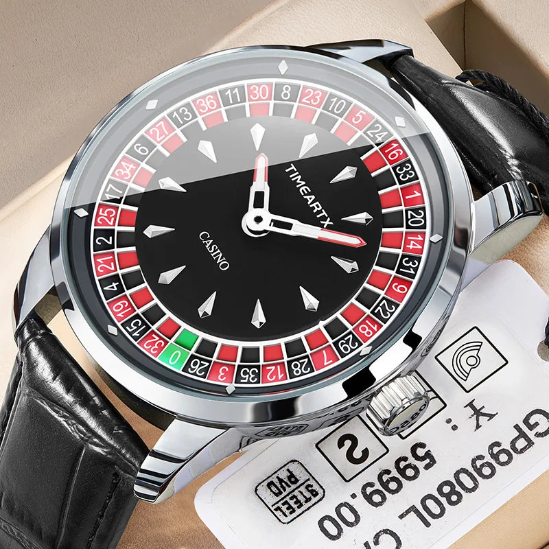 TIMEARTX Men's Roulette Dial Casino Watch Playful Timepiece Quartz Watch Luminous Rotating Gaming Style Waterproof Leather Strap