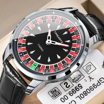 TIMEARTX Men's Roulette Dial Casino Watch Playful Timepiece Quartz Watch Luminous Rotating Gaming Style Waterproof Leather Strap
