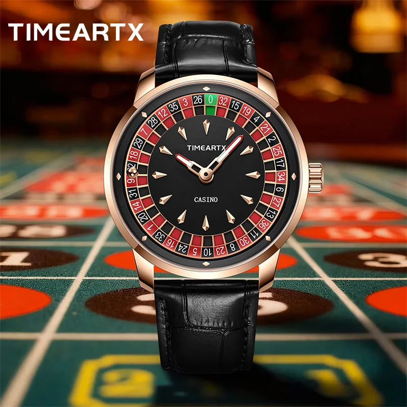 TIMEARTX Men's Roulette Dial Casino Watch Playful Timepiece Quartz Watch Luminous Rotating Gaming Style Waterproof Leather Strap
