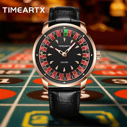 TIMEARTX Men's Roulette Dial Casino Watch Playful Timepiece Quartz Watch Luminous Rotating Gaming Style Waterproof Leather Strap
