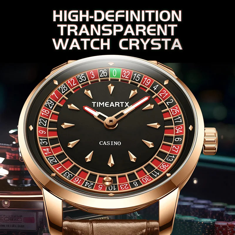 TIMEARTX Men's Roulette Dial Casino Watch Playful Timepiece Quartz Watch Luminous Rotating Gaming Style Waterproof Leather Strap