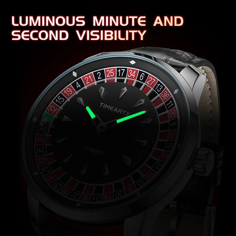 TIMEARTX Men's Roulette Dial Casino Watch Playful Timepiece Quartz Watch Luminous Rotating Gaming Style Waterproof Leather Strap