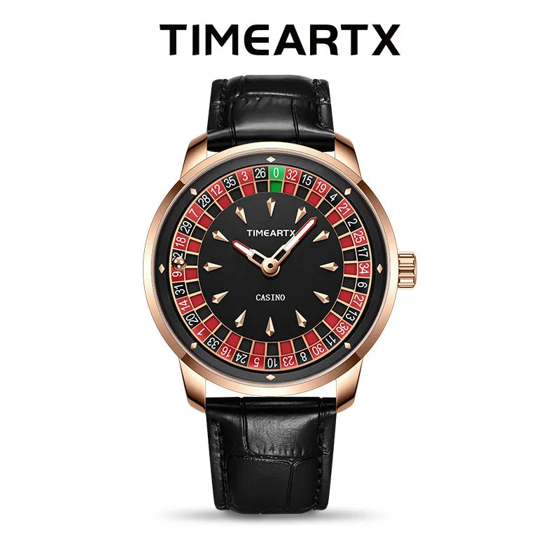 TIMEARTX Men's Roulette Dial Casino Watch Playful Timepiece Quartz Watch Luminous Rotating Gaming Style Waterproof Leather Strap