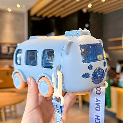 500Ml Cute Bear Portable Water Bottle with Shoulder Strap, Straw, And Bus-Shaped Drinking Cup