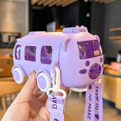 500Ml Cute Bear Portable Water Bottle with Shoulder Strap, Straw, And Bus-Shaped Drinking Cup