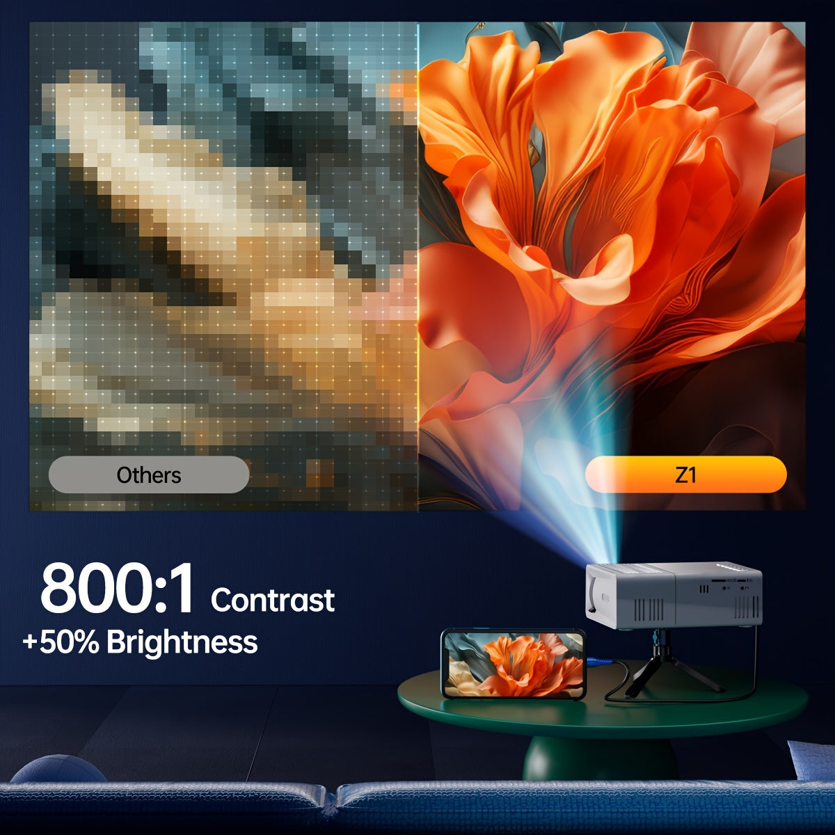 Compact Projector That Supports 1080P, Features USB Connectivity, And Comes with a Remote Control. It Is Compatible with Smartphones, Tablets, Laptops, TV Sticks, And USB Drives. It Includes a Desktop Mount, LCD Display, Powe