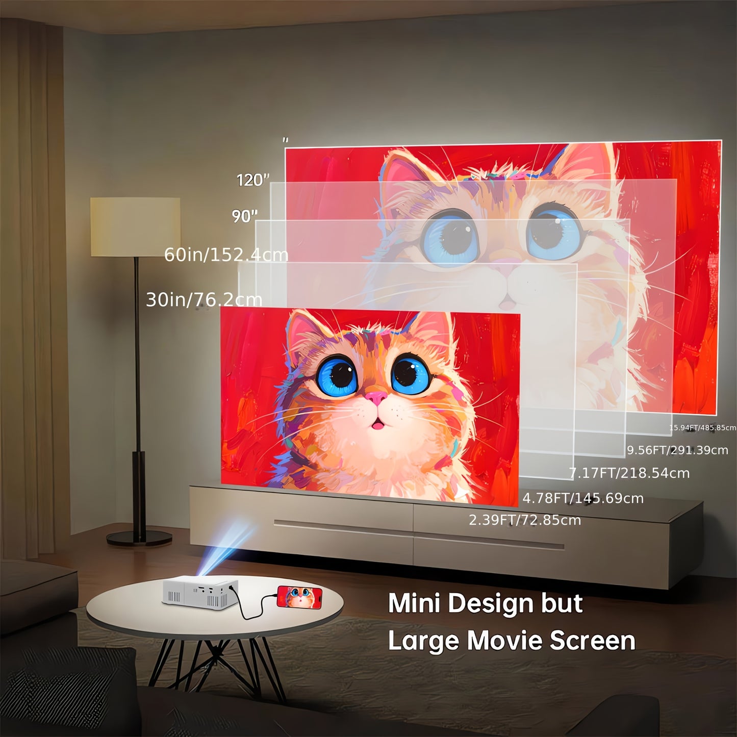 Compact Projector That Supports 1080P, Features USB Connectivity, And Comes with a Remote Control. It Is Compatible with Smartphones, Tablets, Laptops, TV Sticks, And USB Drives. It Includes a Desktop Mount, LCD Display, Powe